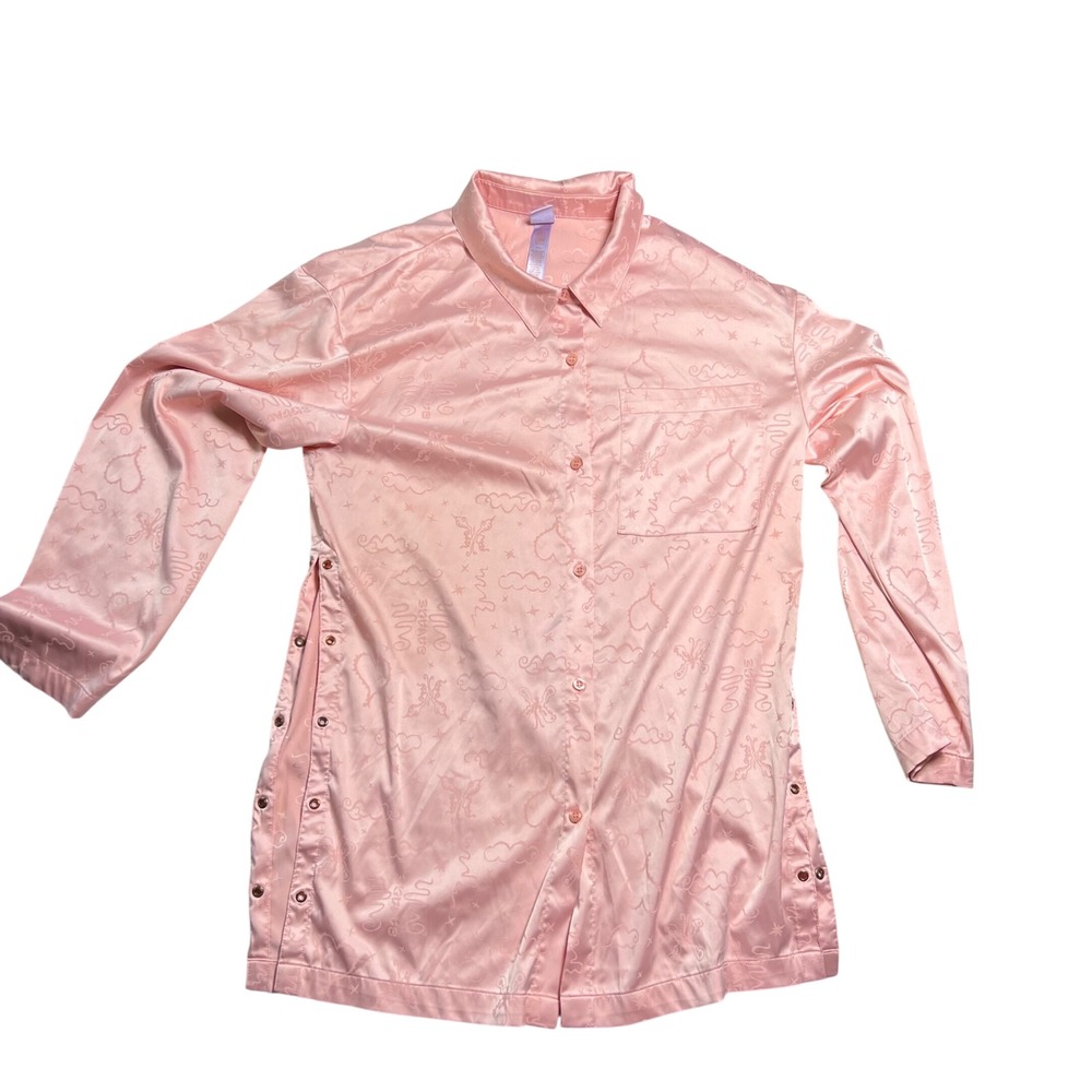 Savage X Fenty Pink Satin Logo Jacquard Sleep Shirt Side Snaps Small Womens
